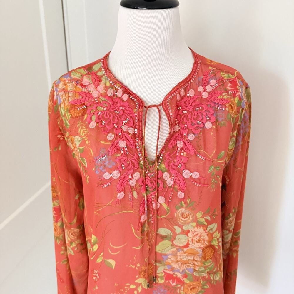 Cabi Coral Floral Lightweight Silk Sequin Embellished Embroidered Blouse Size S - Picture 9 of 15